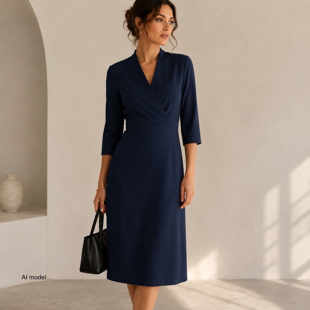 MM LaFleur Navy Faux Wrap Dress size 4 Minimalist Quiet Luxury Career Midi